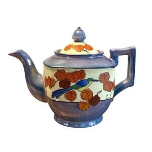 Vintage MW Hand Painted Japan Bird Teapot Blue Luster Autumn Leaves 1950s